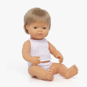 Baby doll caucasian boy with dark blonde hair 38 cm