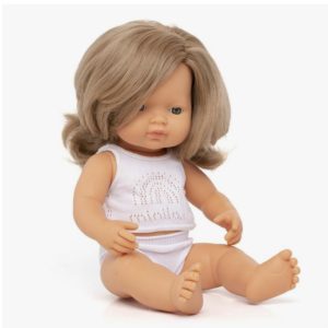 Baby doll caucasian girl with dark blonde hair 38 cm
