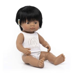 Baby doll hispanic boy with hearing aid 38 cm