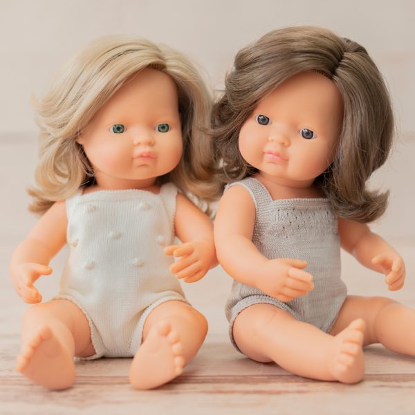 Baby doll caucasian brunette girl with grey rompers 38 cm - Bild 3