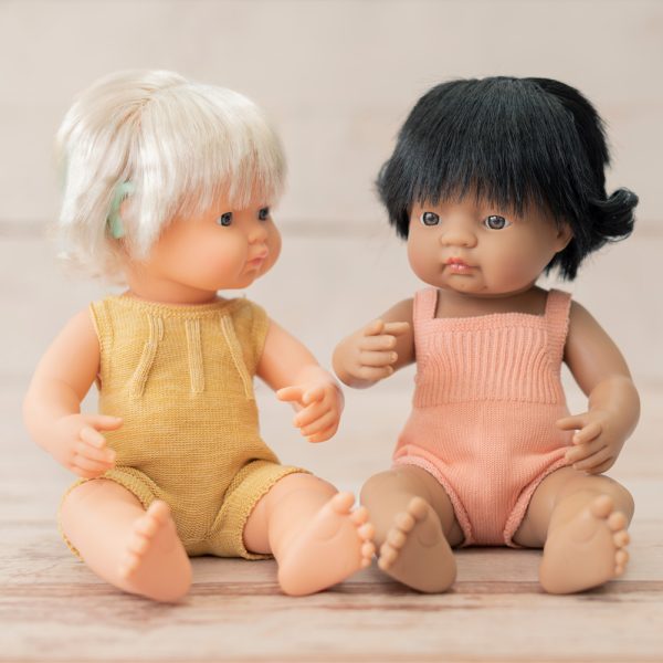 Baby doll caucasian girl with hearing aid and ochre rompers 38 cm - Bild 3