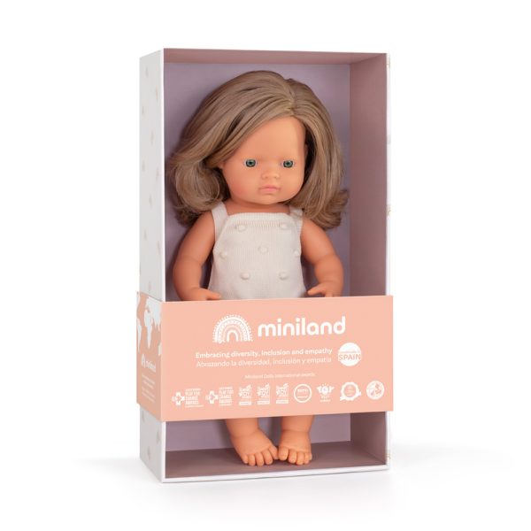 Baby doll caucasian dark blonde girl with cream rompers 38 cm - Bild 2