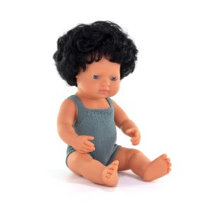 Baby doll caucasian curly black hair boy with dark gray rompers 38 cm