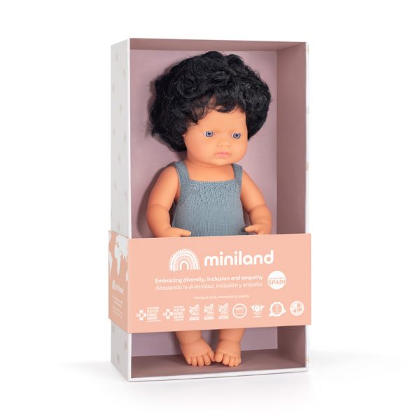 Baby doll caucasian curly black hair boy with dark gray rompers 38 cm - Bild 2